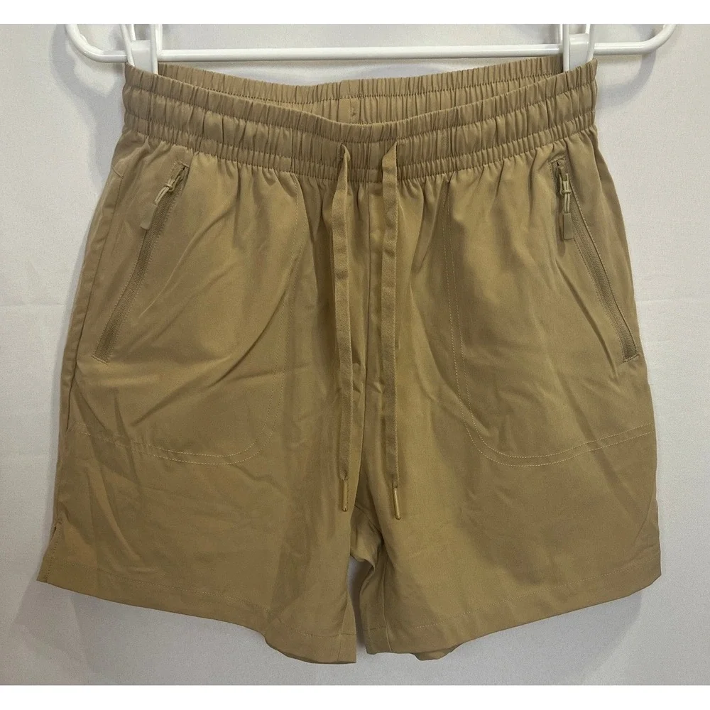 Tan Athletic Hiking Shorts Women Small Elastic Waist Zipper Pockets Khaki